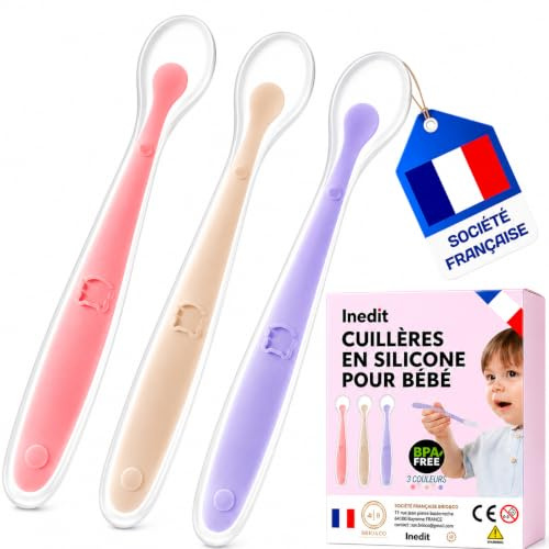 Cuillere Bebe 1er Age (3 Pièces) Cuillère Bébé en Silicone Souple | [Société Française] Cuillère Incurvée Pour Les Repas de Bébé de Plus de 1 Mois - Qualité Garantie