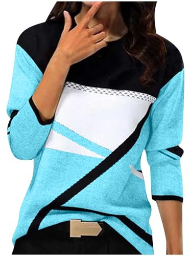 pull femme sweat sans capuche chemise à manches longues pull automne femme sweat-shirt chaud élégant imprimé col rond pull confortable manches longues tricoté décontracté, bleu ciel, L