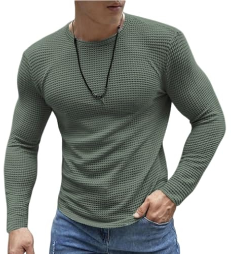Våffla långärmade skjortor för män termiska underkläder toppar, rund hals stickade vardagliga pullover tröjor, underställ texturerade stickade toppar, Armégrönt, L