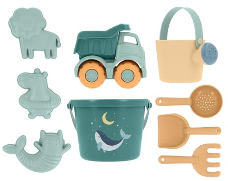Monnëka Set Giocattoli Spiaggia Bambini | Secchiello, Palette, Rastrello, Annaffiatoio, Camion | Giochi Mare Bambini 1 Anno, 2 Anni | Ecologico Senza BPA | Borsa Spiaggia | Whale Teal