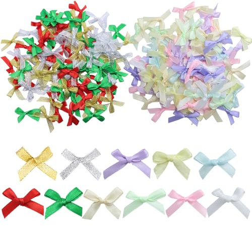 TRKETK 200 Pièces Mini Rubans de Satin de 6 mm Mini Nœuds Colorés Double Face Nœuds Décoratifs de Ruban Pour Bricolage Mariages Sapins de Noël Décoration de Noël Cartes Cadeau