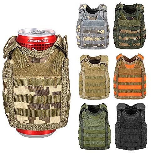 aqxreight Gilet de Bière Tactique Militaire Molle, Mini Bouteille de Boisson Miniature, Manchon de Support de Refroidisseur ou Boisson Adhésive pour Votre Intérieur et Tissu en Maille, Sangles