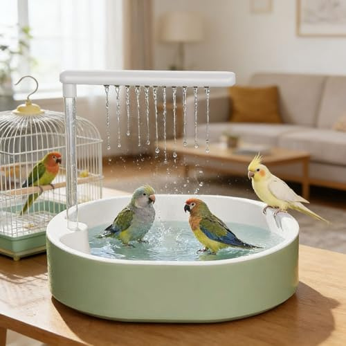Baignoire pour oiseaux, douche automatique pour oiseaux avec robinet de circulation, accessoire d'intérieur pour animaux domestiques, pinsons, inséparables, cacatoès, conures (blanc)