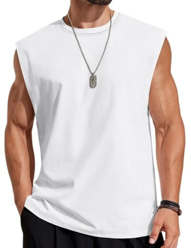 COOFANDY Tank Top Herren Baumwolle Ärmelloses Muskelshirts Workout Streetwears Weiß S
