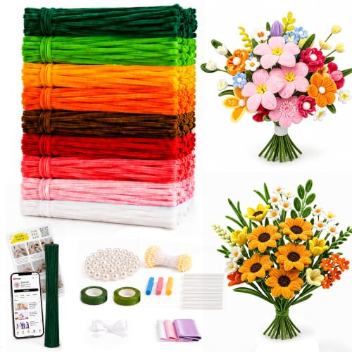 550 PCS Pipe Cleaners for Craft Flowers, 9 Colors Pipe Cleaner Flower Kit | Chenille Stems Bulk with Manual & Video Tutorial, DIY Pipe Cleaner for Home Arts and Crafts Decorations Supplies