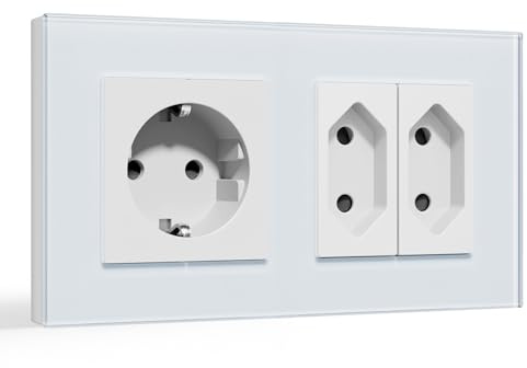 BSEED Euro und Schuko Steckdose Unterputz, 2 Fach Wandsteckdose mit Glasrahmen,10A 250V Doppelsteckdose Unterputz Mehrfachsteckdose Weiß
