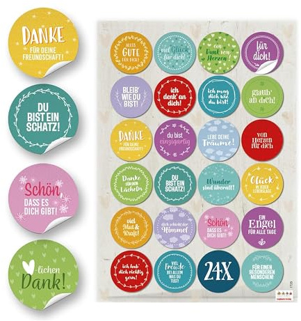 Aufkleber Sprüche, 24er Set: Runde Sticker Geburtstag, Motivation, Freundschaft & Liebe, Spruchaufkl – Hochzeitsgeschenk | Sticker Muttertag Basteln