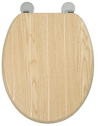Croydex Flexi-Fix Geneva Toilet Seat - Adjustable Hinges with Top & Bottom Fixings Included and Rust & Stain Free Chrome Hinge Covers, Antibacterial Treated Surface (Light Oak)