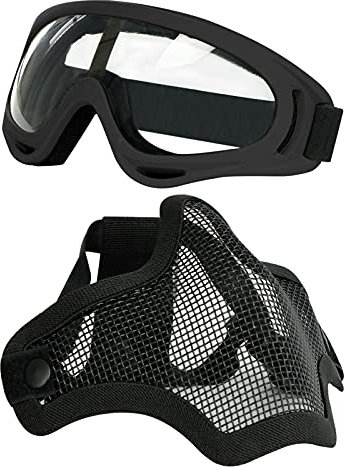 AOUTACC Airsoft Mask and Goggles Set, Half Face Full Steel Mesh Mask and Goggles for CS/Hunting/Paintball/Shooting (Black Mask)