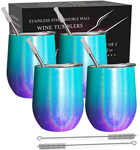 CHILLOUT LIFE Vasos de vino de acero inoxidable de 12 onzas, paquete de 4 vasos de vino aislados al vacío de doble pared con tapas y popotes que mantienen el frío y el calor para café, cerveza, helado