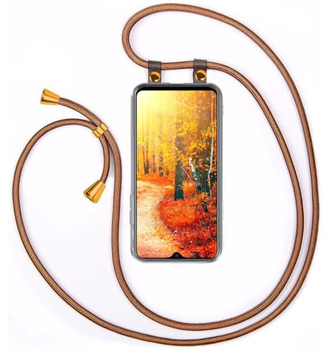moex Handykette für Samsung Galaxy A20s Hülle mit Band abnehmbar, Handyhülle mit Kette zum Umhängen, Handyband 155 cm lang Stoff Kordel Umhängehülle, Handy Umhängeband, Golden