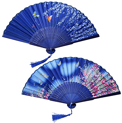 AWCIGG 2 Stück Fächer Handfächer Bunt Fächer Holz Stoff Geschnitzten Bambus Faltfächer Hand Fan Asiatische Chinesische Japanische Deko für Damen Hochzeit Sommer Kinder Mädchen Männer Geschenk