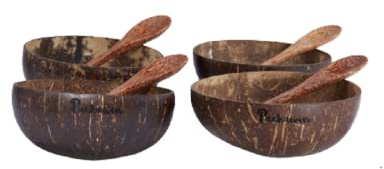 Packawin | Pack de 4 cuencos y 4 cucharas | 100% natural, | hecho a mano, pulido con aceite de coco, duradero, ligero, | fácil de limpiar, | apto para veganos Para el desayuno, |servir, |decoración.