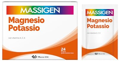 Massigen - Magnesio e Potassio, Gusto Arancia Rossa, Mantengono il Benessere del Sistema Nervoso, Integratore con Vitamine A, C, E, 24 Bustine da 6 g