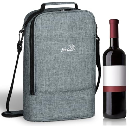 Kato Tirrinia isolerad vinväska – 3/6 flaskor vinväska med handtag och justerbar axelrem gratis flasköppnare för resekylbälte picknick grå 29 x 10 x 33 cm, GRÅ, Large, 2 flaskor