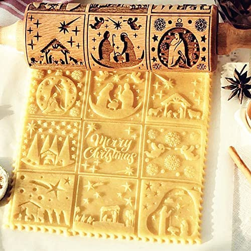 Christmas Rolling Pin,Wooden 3D Rolling Pins Embossed, Embossing Rolling Pin with Engraved Christmas Themed Symbols for Baking Embossed Cookies, Rolling Pin Kitchen Tool (9 Grilles Jesus)