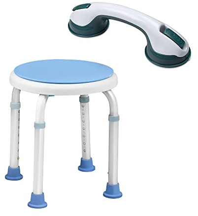 Aufun Duschhocker mit Griff aus Alu und Kunststoff, Höhenverstellbarer 37-53 cm Duschstuhl, um 360 ° Drehbarer Hilfsstuhl für rutschfeste Dusche