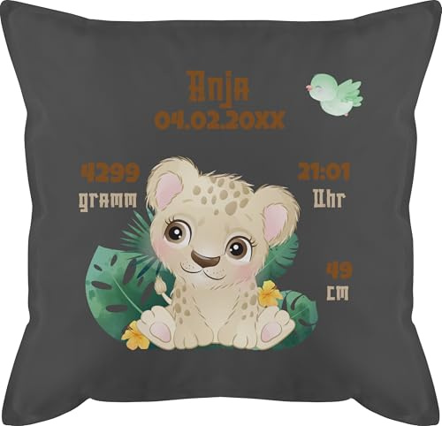 Kissen 50x50 - Geburtsgeschenk Löwin Datum Gewicht Uhrzeit Größe I Geschenk zur Geburt - 50 x 50 cm - Grau - babykissen geburtskissen personalisierte Baby Elefant männerkissen personalisiertes