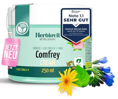 Herbiovit natürliche Beinwell Salbe 250ml hochdosiert mit Arnika Calendula Salbei und Rosmarin unterstützt Rückenschmerzen Knieschmerzen Gelenkschmerzen Beinwell Creme Schmerzsalbe - 100% vegan