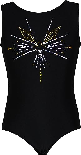 GymStern Gymnastikanzug Sterne Lycra Mädchen Turnanzug Kurzarm Kinder Turnbody kurzärmlich, Größe:128, Farbe:Lycra in Schwarz/KRONE