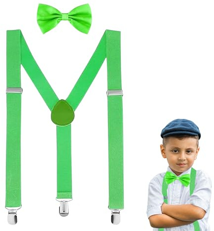FATASH Set di bretelle elastiche e papillon per bambini, bretelle regolabili con retro in pelle, a forma di Y, accessorio per gilet per bambini, adatto per ragazzi e ragazze fino a 8 anni, verde mela,