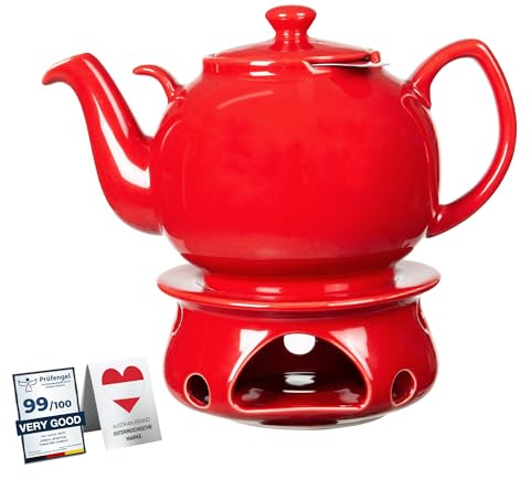 Urban Lifestyle Teekanne mit Stövchen 1,6 L Rot B Ware aus Steinzeug mit Edelstahl Sieb tropffrei Teekanne Keramik mit Siebeinsatz Teeset für losen Tee 6 bis 8 Tassen