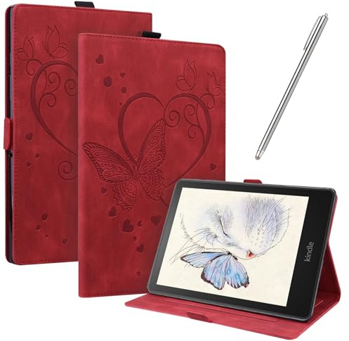 JayModCase Hülle Kompatibel mit Amazon Kindle Paperwhite 2021 11th Generation 6,8 Zoll PU Leder Schutzhülle Standfunktion Kartenschlitz Stifthalter Flip Cover Auto Schlaf/Wach Funktion (Rot)