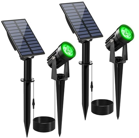 CREPOW Green Solar Spot Lights Outdoor, 2 Pack Solar Landscape Spotlights IP65 Waterproof 9.8ft Cable, Auto On/Off Outdoor Wall Lights for Garden Yard Driveway Porch Walkway Pool (1-in-1)