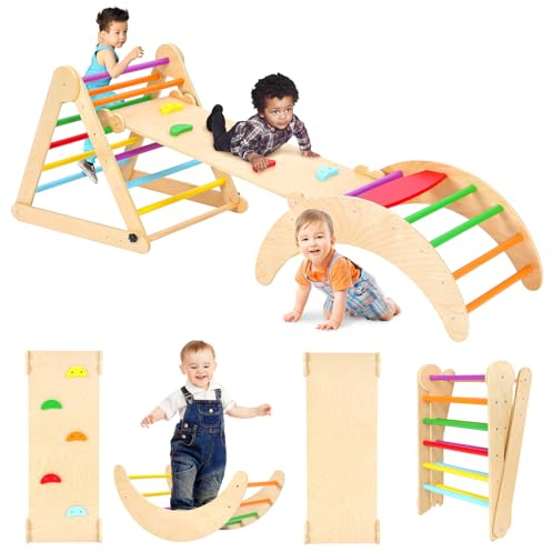 YOLEO Klettergerüst Indoor, 7-in-1 Kletterbogen, Kletterdreieck Indoor ab 1 Jahr, Kletterdreieck mit Rutsche, Kletterbogen für Kinder, Montessori Klettergerüst, Buntes