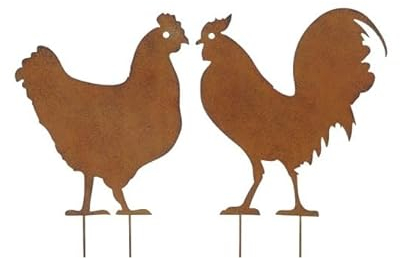 2 spine decorative in metallo arrugginito, 22 cm + pollo 20 cm, decorazione da giardino, galline in metallo, 30 cm, lunghezza totale per giardino, decorazione in ruggine, ps441, spina per aiuole