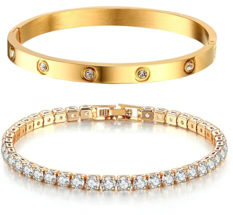 NTRUXZP Tennisarmband Damen Zirkonia Armreif : 2Pcs Armband für Frauen Edelstal 6mm Breit 17cm Armbänder Schmuck Geschenk golden für Mama Freund Tochter