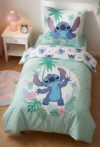 Stitch Bettwäsche Tropische Blumen 135x200+80x80 – 100% Baumwolle – Mint | Wendebettwäsche | Disney Lilo & Stitch | Tropische Blumen | Mädchen | Offiziell lizenziert | Einzelbett