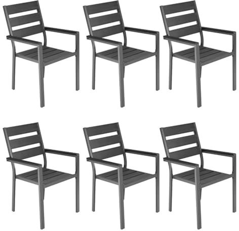 ALEOS. 6 STK. Gartenstühle mit Armlehne Milos Gartensessel Stapelstuhl Stapelsessel Gartenstuhl Sessel Aluminium Textilgewebe WPC stapelbar