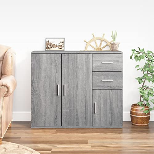 Homgoday Credenza Grigio Sonoma 91x29,5x75 cm in Legno Multistrato, Armadio di Stoccaggio, Credenza Armadio da Cucina, Salvaspazio Mobiletto, per Soggiorno, Camera, Ufficio,Mobili Interni/Esterni