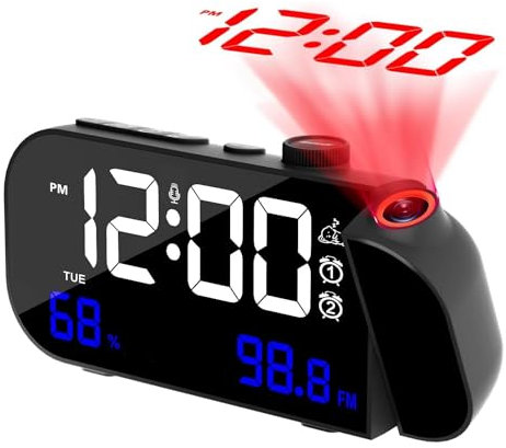 RIYAN 1 x Sveglia Proiezione ABS 17 x 8,5 cm con proiettore rotante a 180° e dimmer di intensità infinita e voce nera.