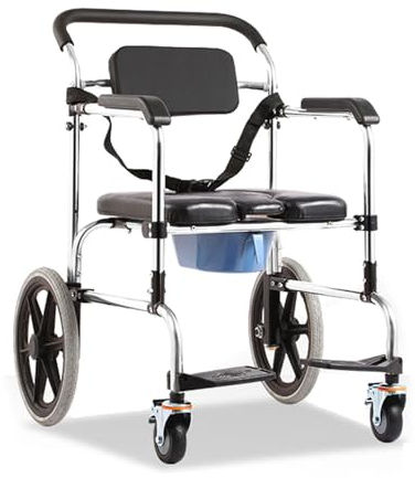 MaGiLL Nachttoilettenstuhl auf 4 Rädern, Toilettenstuhl mit Armlehnen und Rückenlehne, Faltbarer mobiler Toiletten-Duschhocker mit hochklappbarer Fußstütze