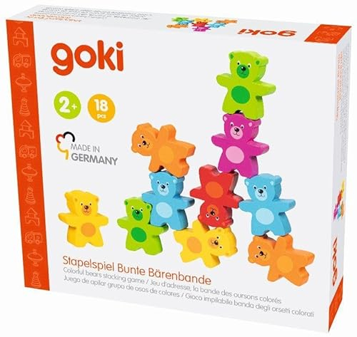 goki 58384 - Stapelspiel Bunte Bärenbande, kreatives Holzspielzeug zur Förderung von Feinmotorik und Kreativität, MADE IN GERMANY, 18er Set, ab 2 Jahre, Wood Tones