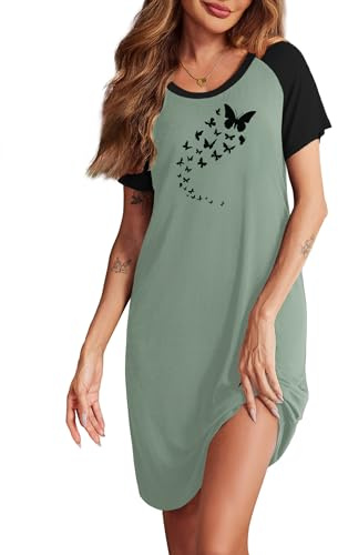 Ekouaer Dam nattlinne tryck kortärmad nattkläder skuren neglige mjuk sovskjorta lösa nattlinnen S-XXXL, gRÖN, L