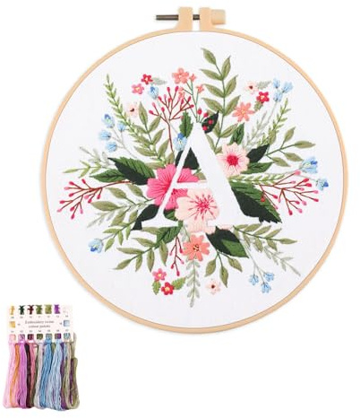 artcici Sticksets mit Pflanzenblumen,Muster für Anfänger und Erwachsene, komplettes Stickerei-Starter-Set, Kreuzstich-Handarbeitszubehör (Buchstabe A)