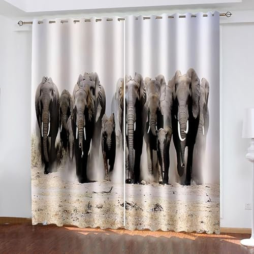 Grau Blickdichte Vorhänge mit Ösen Gardinen 2er Set, Verdunkelungsvorhang Thermovorhang Hitzeschutz, Tier Elefant Ösenvorhang für Schlafzimmer Wohnzimmer Kinderzimmer 200 x 180 cm (B x H)