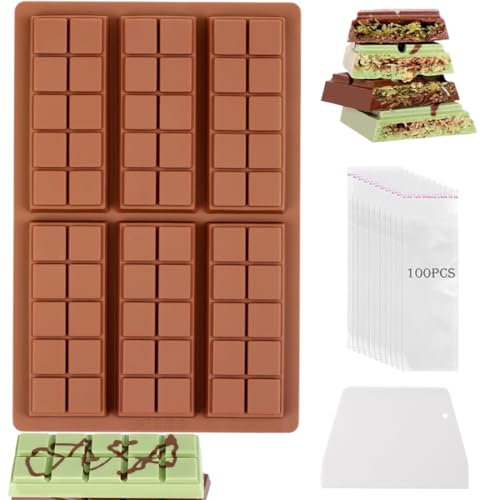 Stampi in silicone per cioccolato, 6 stampi profondi in silicone per tavolette di cioccolato con spatola, sacchetto per praline di cioccolato