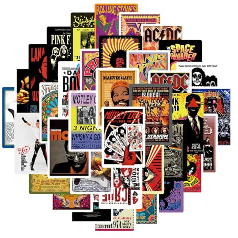 YUZHEDM Poster Adesivi da Parete 50 Fogli 4,6cm X 6,5 Cm, Autoadesivi Rock sul Retro, Vintage Poster da Parete Adatti per Dormitori, Soggiorni, Sale Studio, Corridoi, ecc.