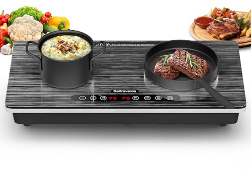 Saitravexia Portable Induction Cooktop 2 Burner, 1800W Double Induction Burner with Touch Control, Timer & Safety Lock, Electric Induction Stove 110V, Wood Grain Panel