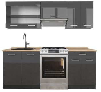 Vicco Küchenzeile R-Line, Anthrazit Hochglanz/Anthrazit, 200 cm | 5 Module · Höhenverstellbare Füße · Ohne Arbeitsplatte · Robuste Fronten · Mit Glasschrank · Frei kombinierbar