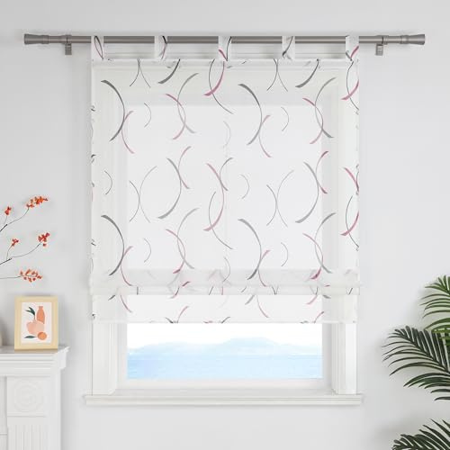 ESLIR Raffrollo mit Schlaufen Landhaus mit buntes Linienmuster Raffgardinen Transparent Bändchenrollo für Fenster Voile Wohnzimmer Violett BxH 140x140 cm 1 Stück