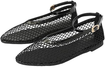 CRETUAO Sandali da Ballerina in Rete da Donna, Scarpe Mary Jane Casual morbide e comode con Cinturino alla Caviglia, Scarpe Basse Sexy e Traspiranti,Nero,39 EU