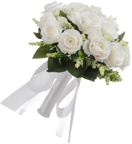 Alipis Künstlicher Brautstrauß Mit Weißen Rosen Elegantes Hochzeitsbouquet Für Braut Brautjungfer Und Blumenmädchen Realistische Deko Für Hochzeiten Bankette Und Partys