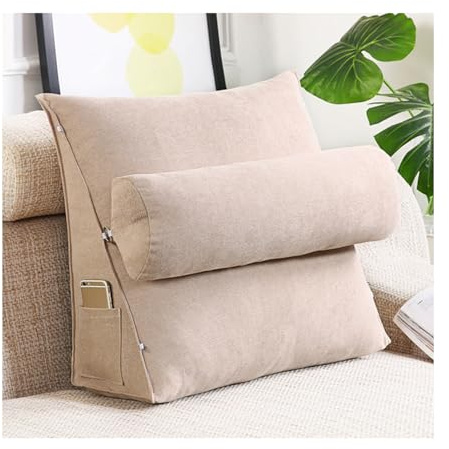 Rückenstützkissen mit Nackenkissen, Rückenkissen Lesekissen Keilkissen für Bett Sofa, Rückenlehne Dreieckigen mit Abnehmbarer Nackenrolle und Seitentasche, Bettkissen Rückenlehne für Sofa, Büro(Hemp C