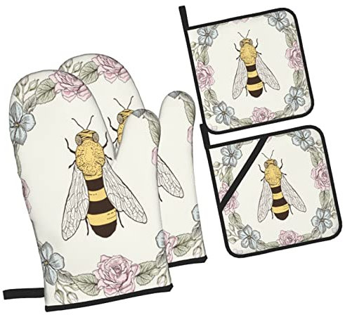 4 Pezzi Set Di Presine Da Cucina Bee Vintage Farm Guanti Da Cucina Divertenti Morbida Guanti Per Forno Per Microonde, Cucina, Cottura Al Forno