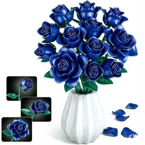 Flowers Bouquet Building Set, 634 PCS Adjustable Leaves & Petals, DIY Artificial Blue Roses Block Kit for Kids Birthday Christmas, Adults Valentine’s Day, Her or Him